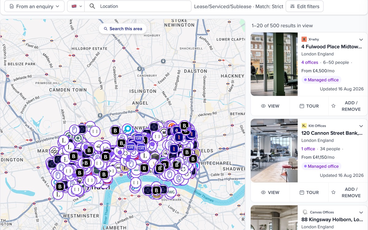 A search across central London: every available office mapped, with live results beside it