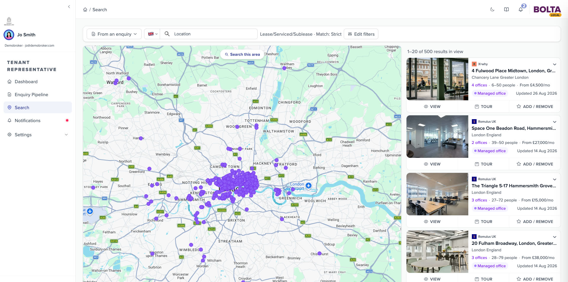 Greater London on the BOLTA search map: every live serviced and managed office, with 500 results in view beside it