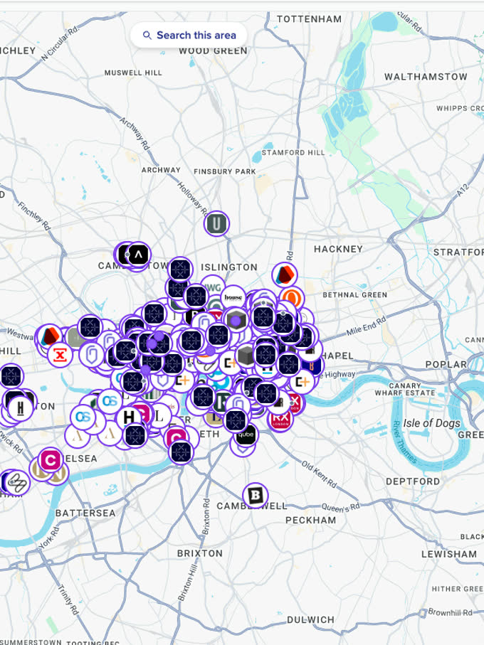 Central London: hundreds of operator pins across the city