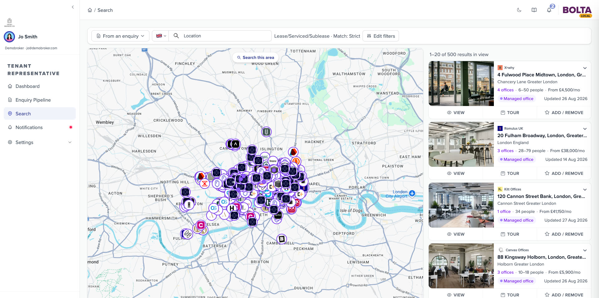 Central London: hundreds of operator pins across the city