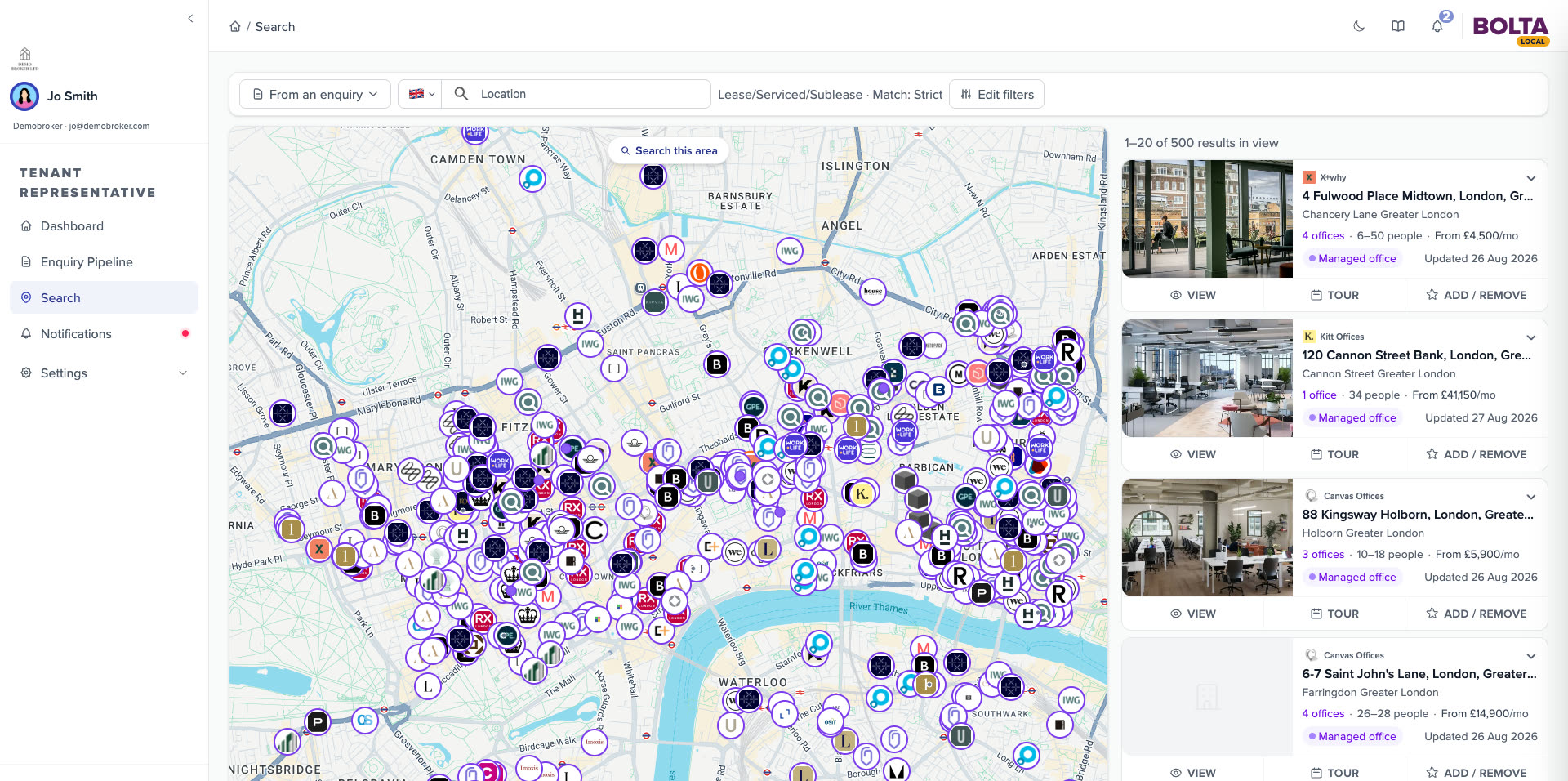 Clerkenwell and Holborn: individual operator pins with the results rail