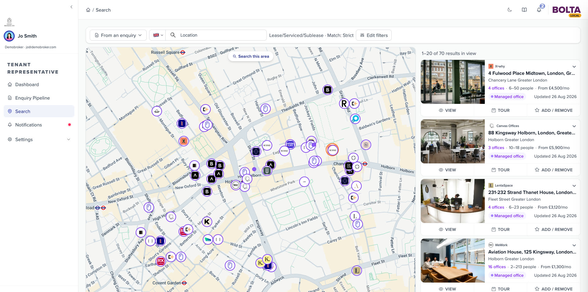 Holborn at street level, with 70 results in view