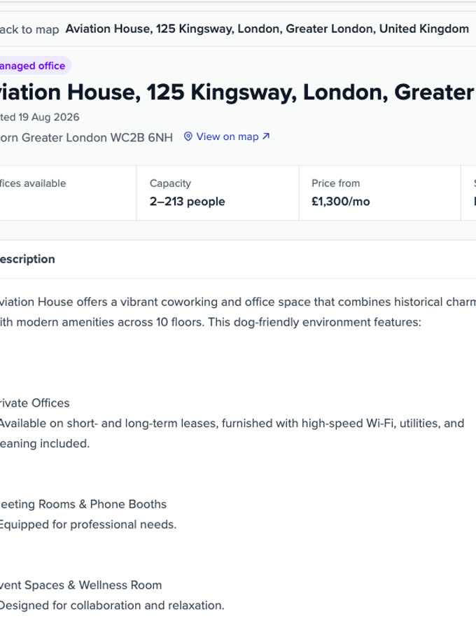 The building page for Aviation House: description, operator contact, location and every office
