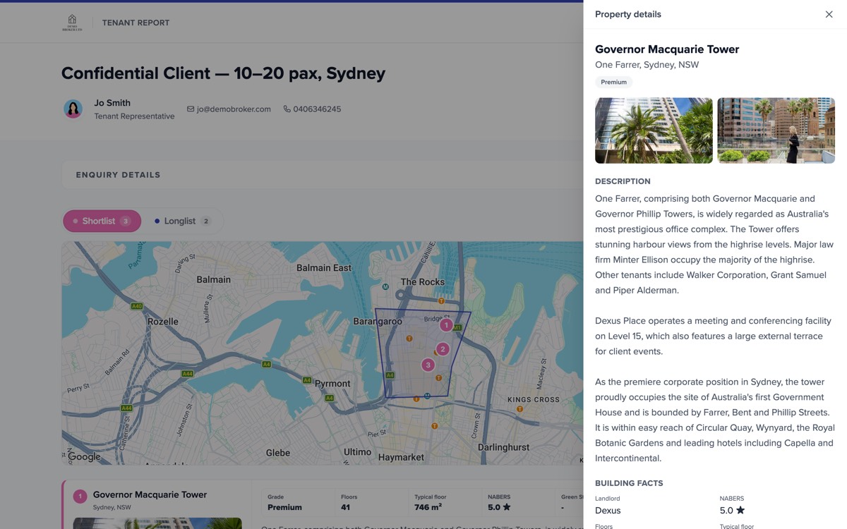A tenant report with a building’s details open: photos, description and building facts