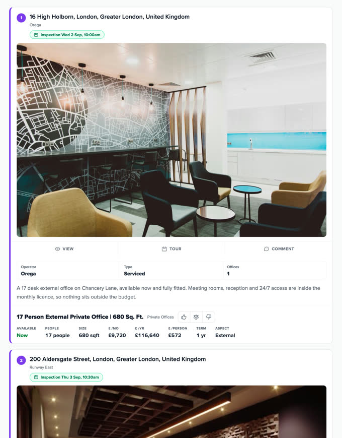 The report scrolled to its options: each building with its photo, operator, rates and View, Tour and Comment actions