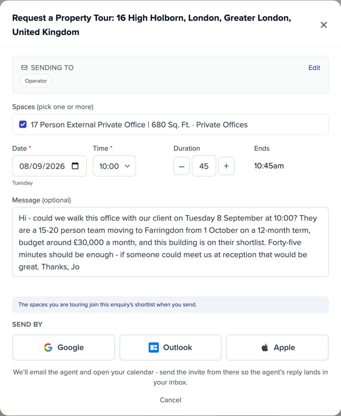 Requesting a property tour: the spaces to walk, the date and time, a message carrying the enquiry, and the calendar the invite goes to