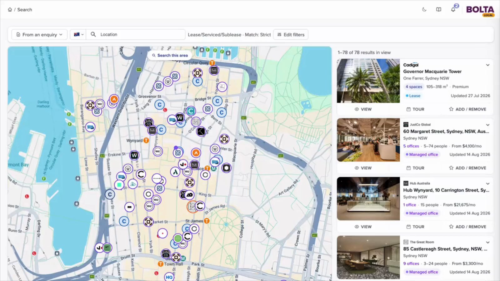 BOLTA search: every available office on one map, with live results beside it