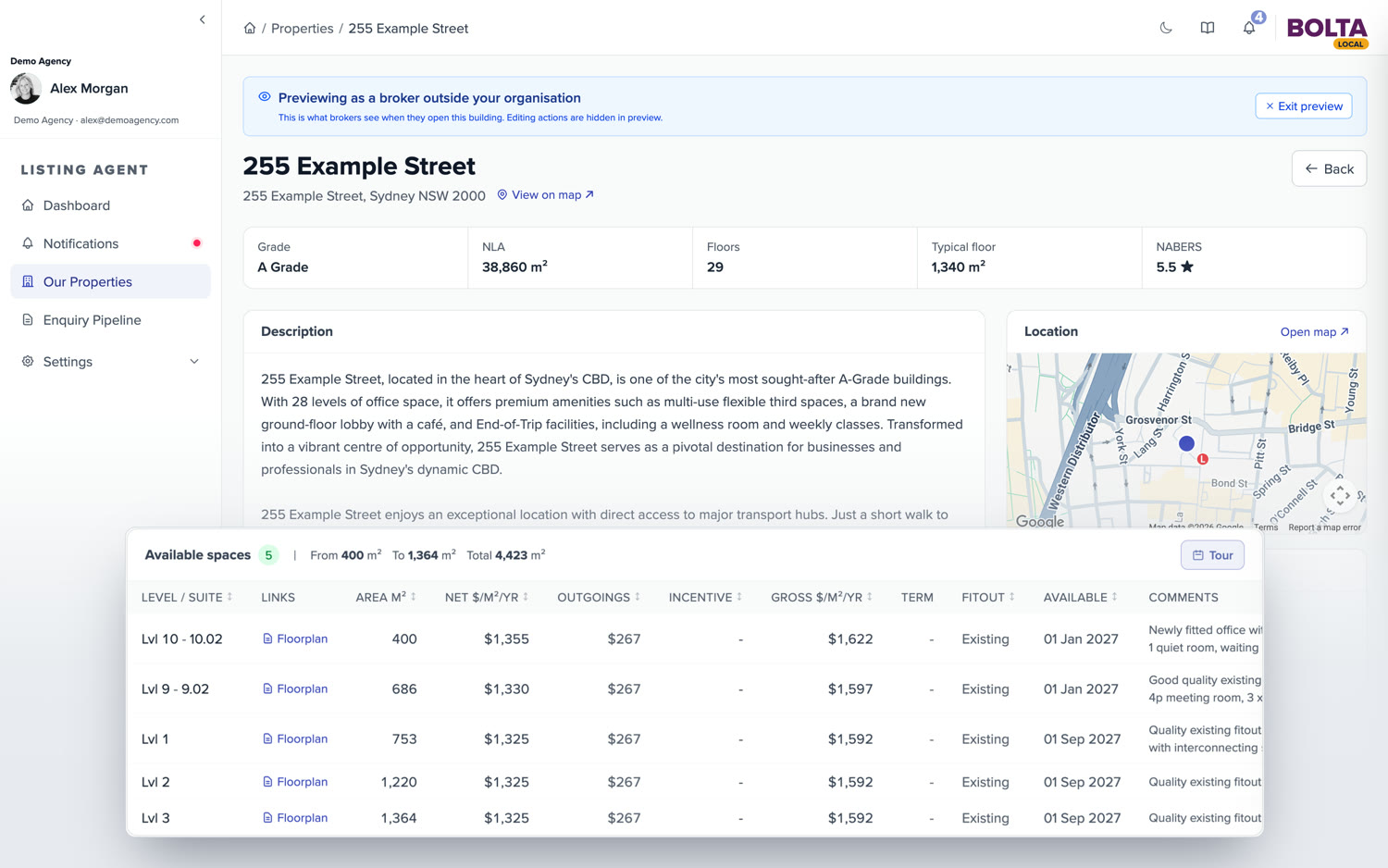 255 Example Street as a broker sees it: the building page with every available space, its rates, fitout and availability