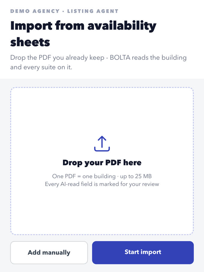 The import screen: drop availability sheet PDFs in and BOLTA extracts the building and every listed suite