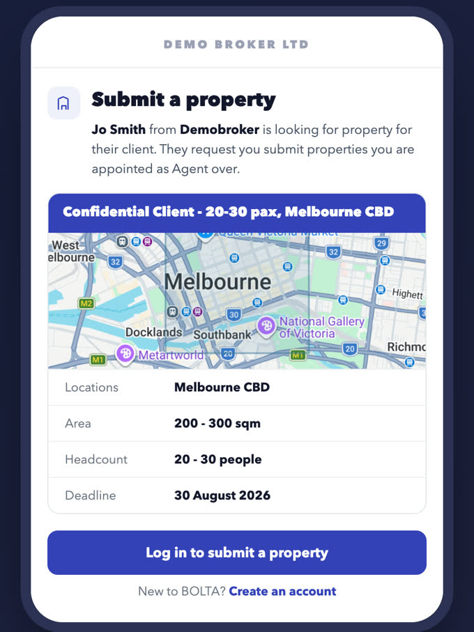 The invitation an agent opens on their phone: submit a property, with the requirement’s area, headcount, deadline and search area