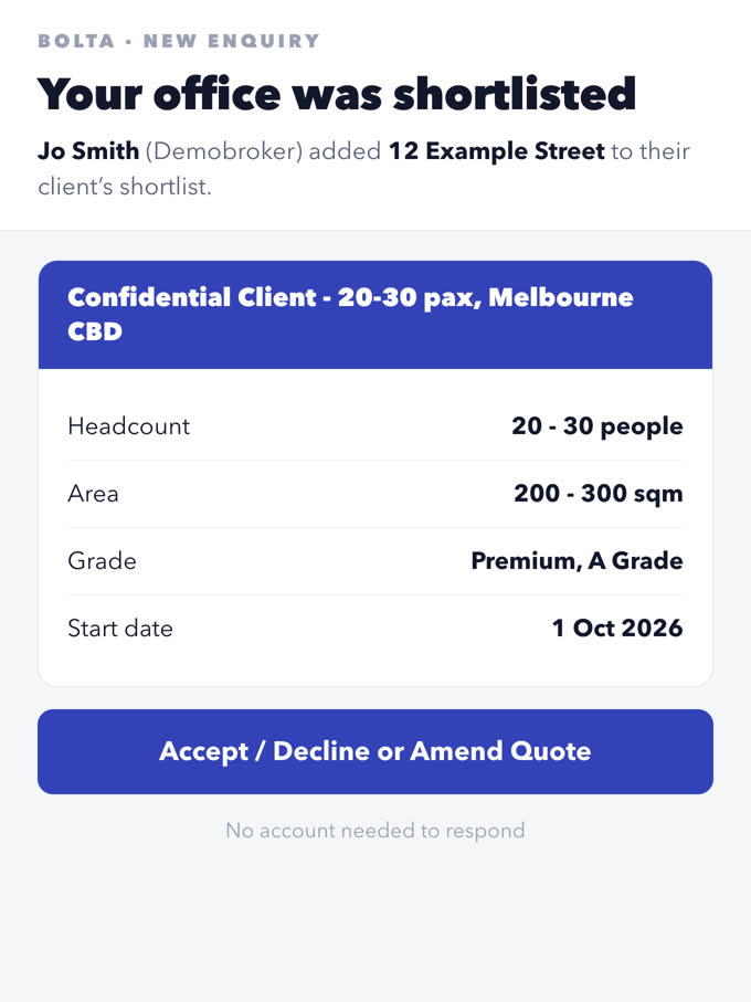 The email an operator receives when a broker shortlists one of their offices, carrying the enquiry’s headcount, area, grade and start date