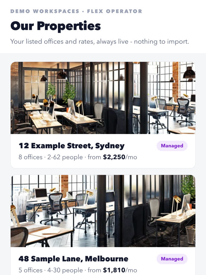 An operator’s property list in BOLTA: every building and office, with capacity and price, synced from their live listings
