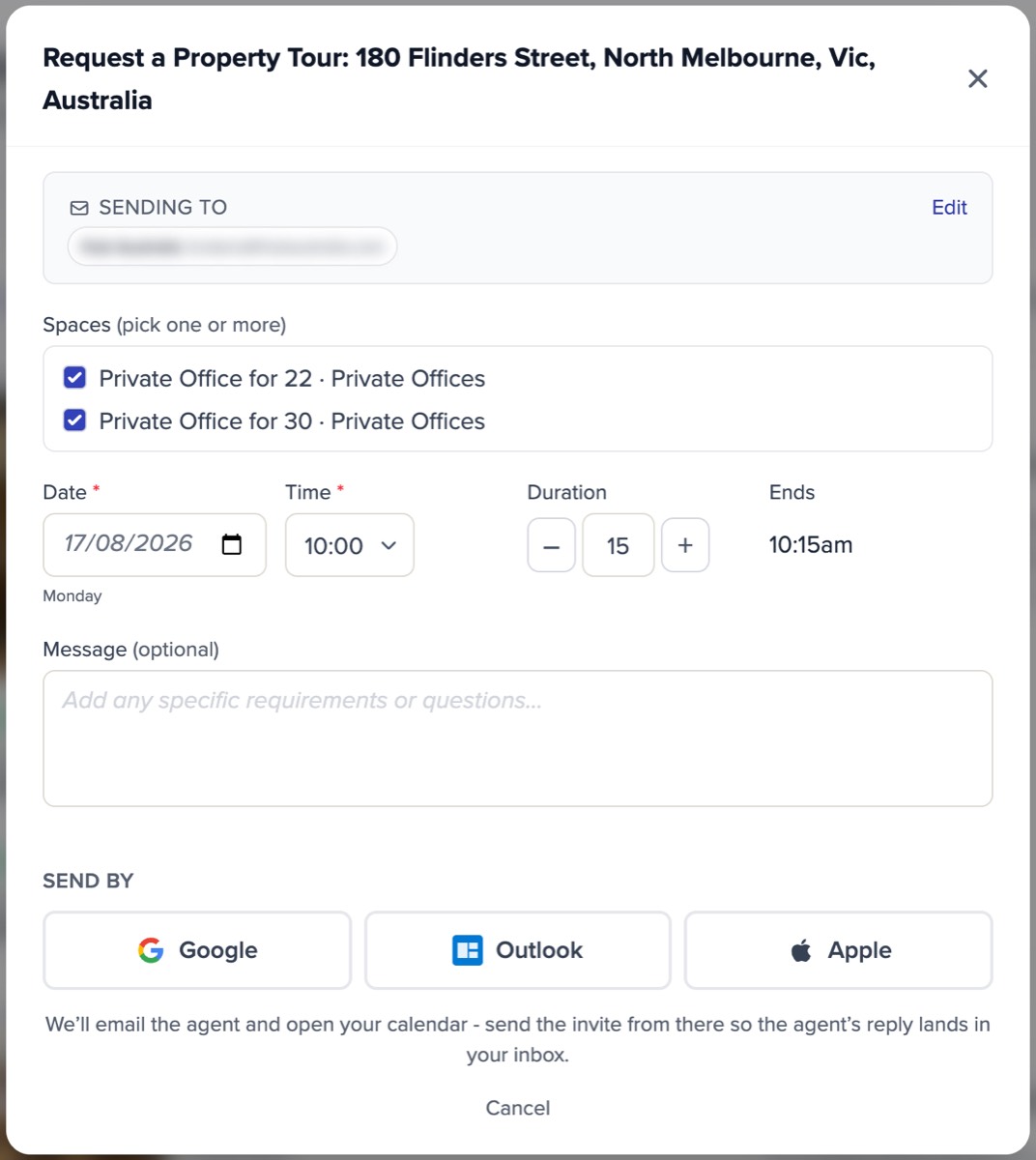 Requesting a property tour: the spaces to walk, the date, the time, and the calendar the invite goes to
